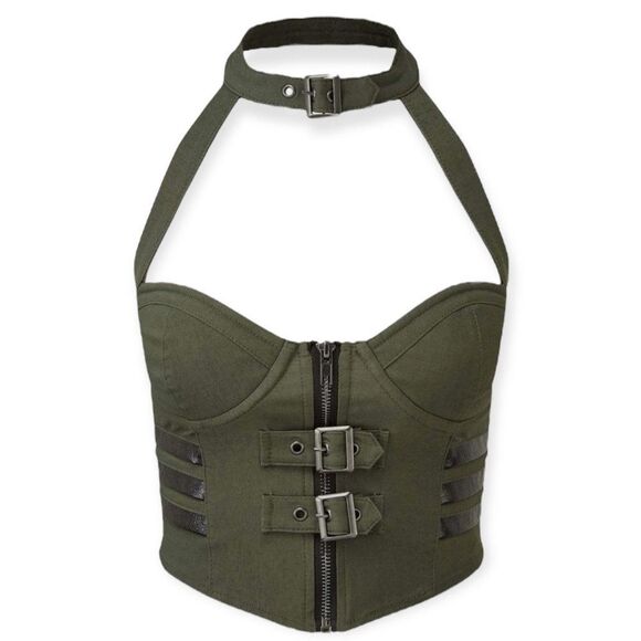 Military Green Black Leather Bustier Corset Top Killstar NEW - Picture 3 of 4